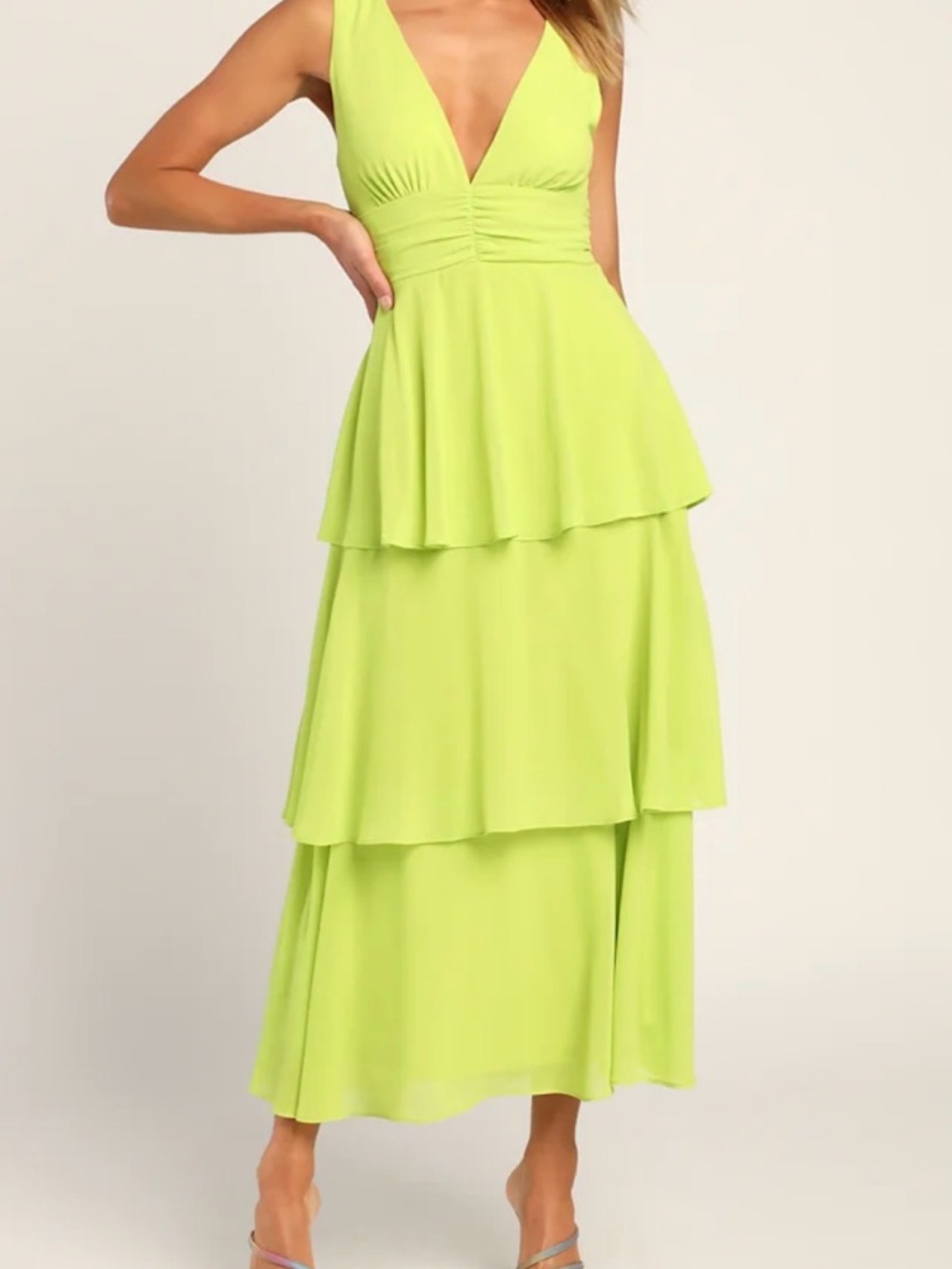 Lulu's Neon Lime Tiered V-Neck Sleeveless Dress